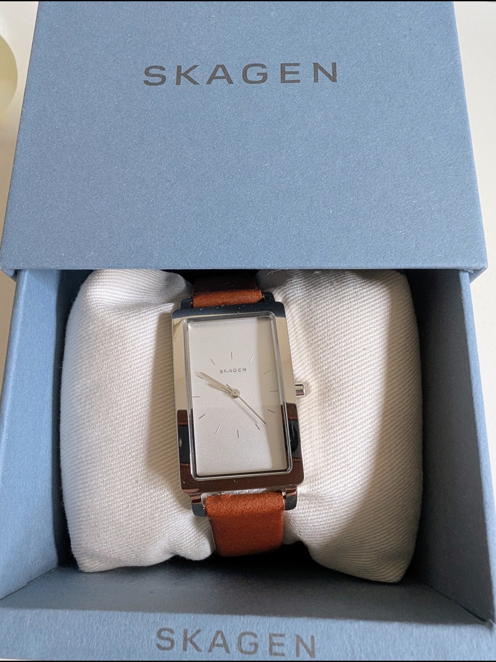 Skagen Silver Rectangular Watch with Brown Leather Strap